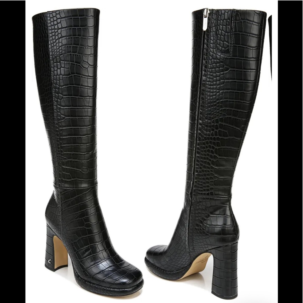 Sam Edelman Black Croc-Embossed Knee-High Heeled Boots
